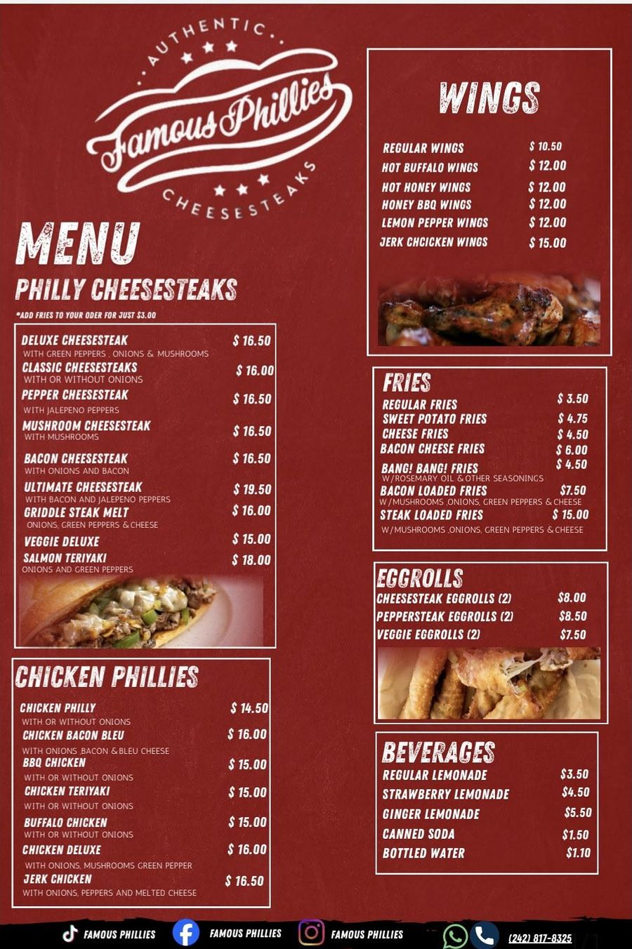 The Famous Phillies printed menu board